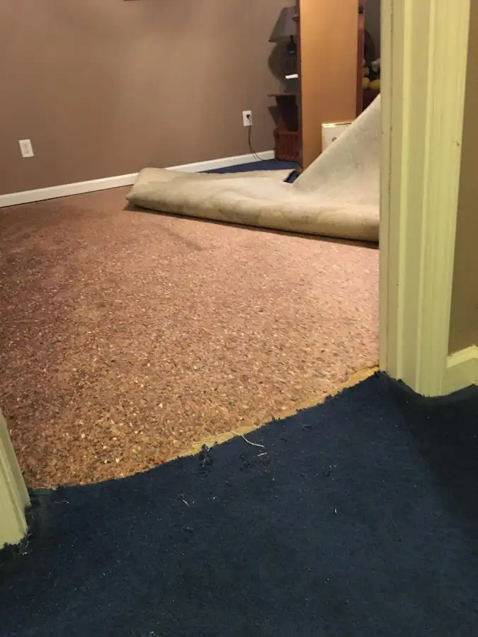 Carpet pad removal revealing water damage during Drying & Dehumidification in Denham Springs